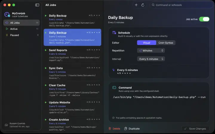 MyCronjob showing named cron jobs, a visual schedule, and the command editor