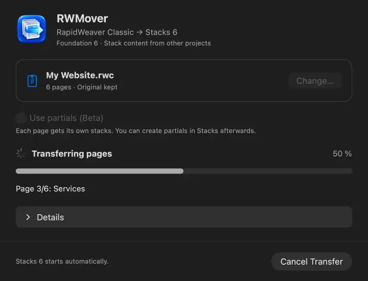 RWMover: page-by-page transfer progress with cancellation. Illustrative project.