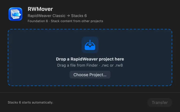 RWMover: choose or drop a RapidWeaver project.
