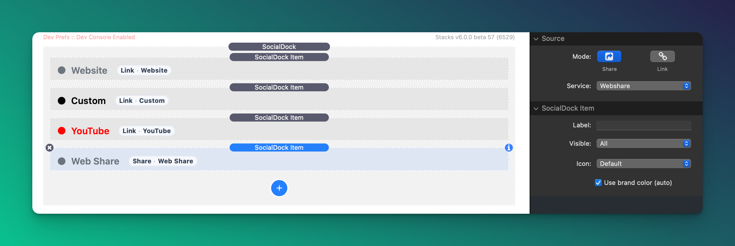 SocialDock items and settings in Stacks App